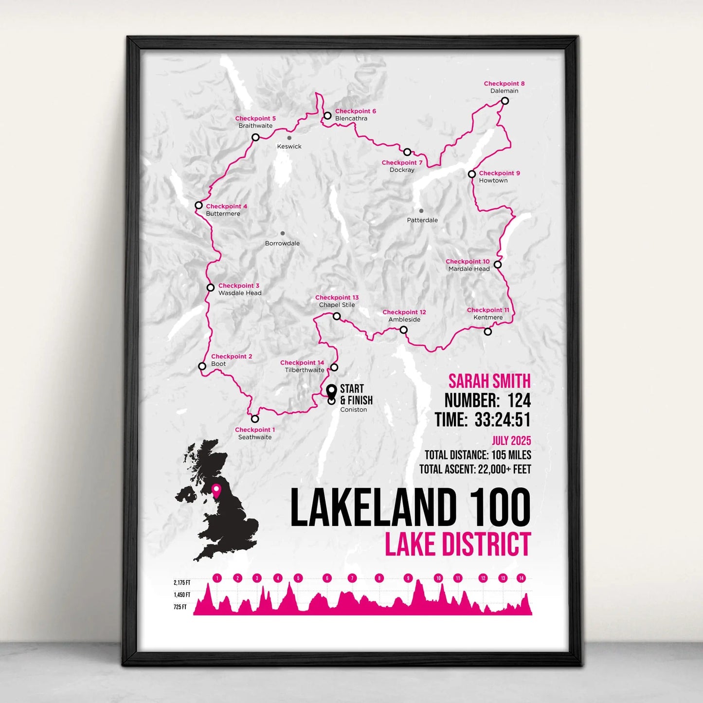 Lakeland 100 Personalised Art Print in pink from Purest Green Prints