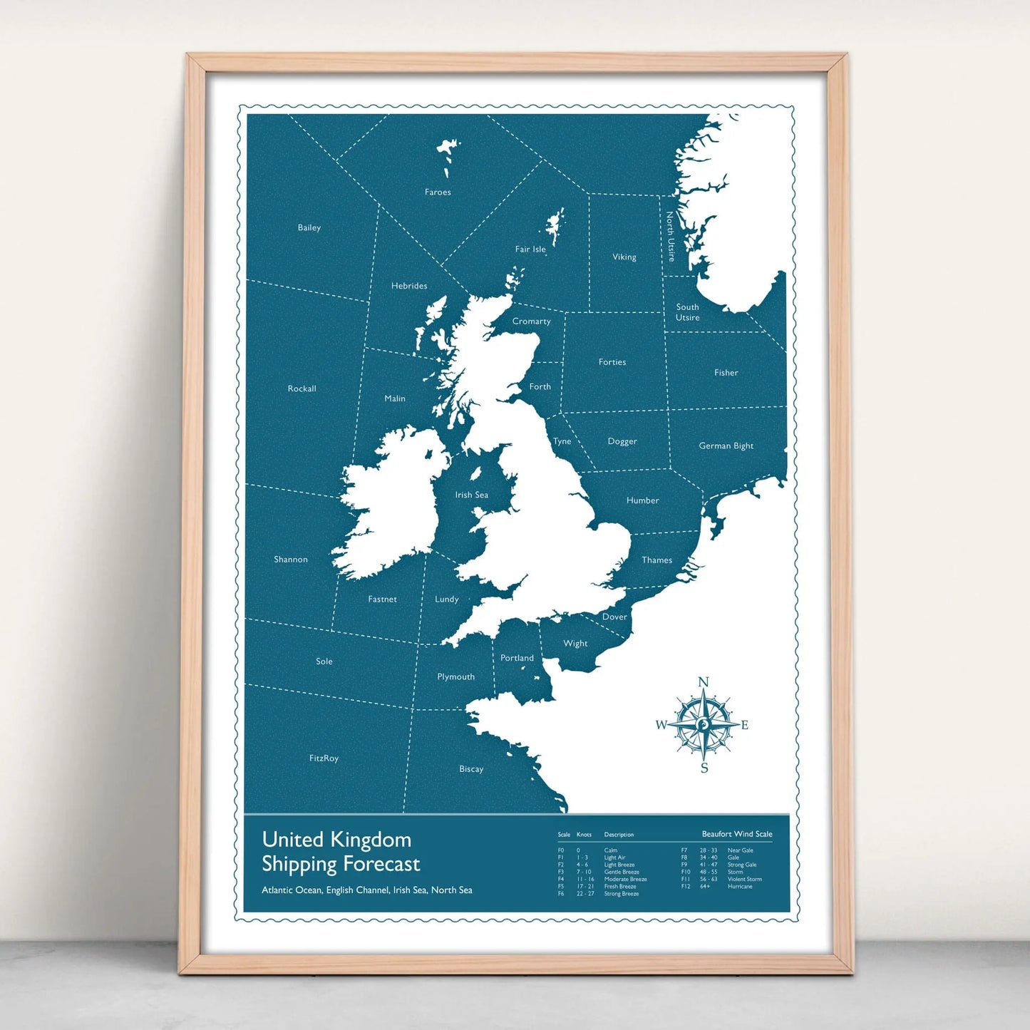 United Kingdom Shipping Forecast Map Art Print in Blue from Purest Green Prints