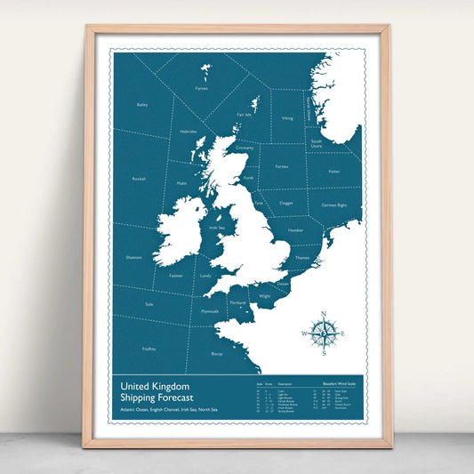 United Kingdom Shipping Forecast Map Art Print in Blue from Purest Green Prints