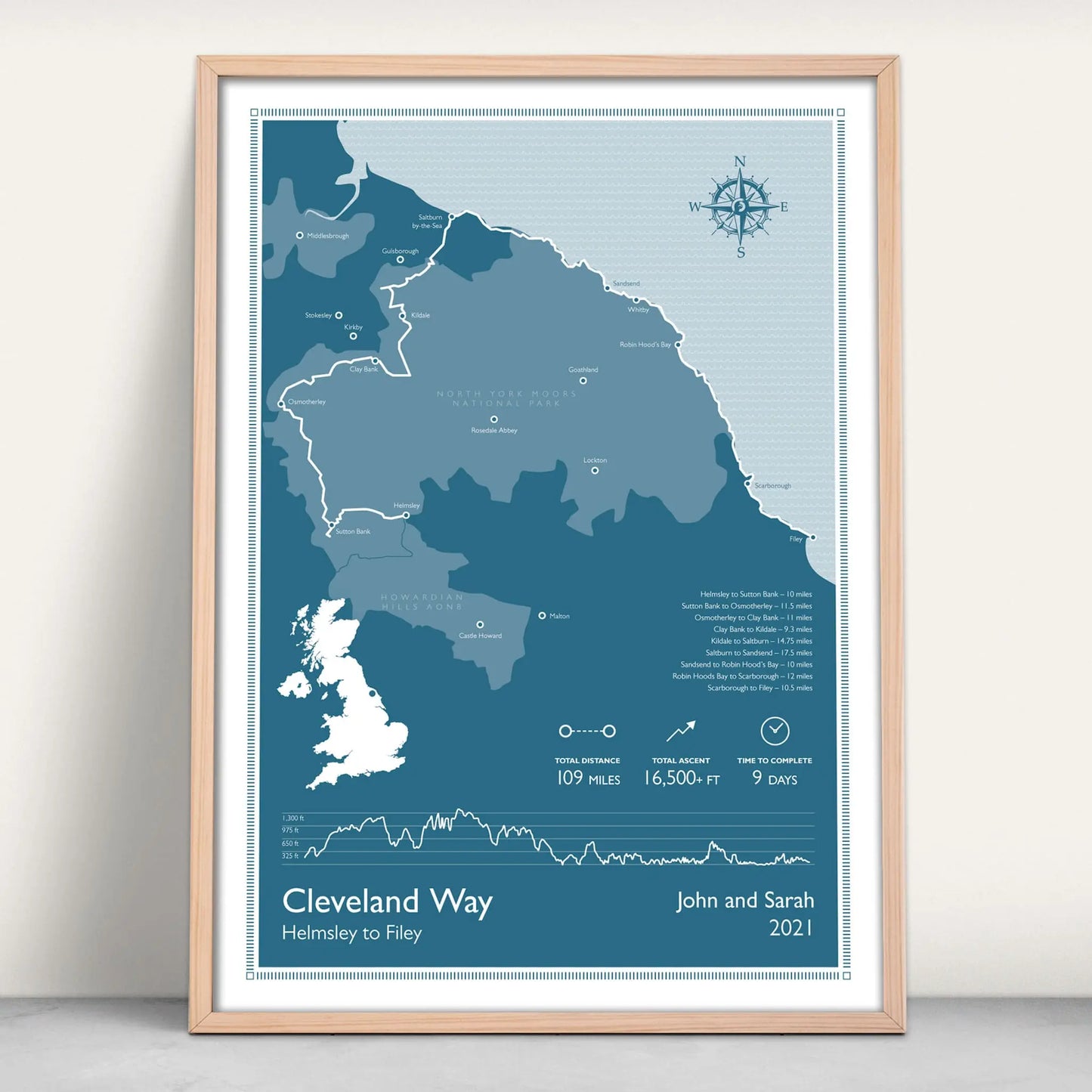 Cleveland Way National Trail Personalised Map Art Print in blue from Purest Green Prints