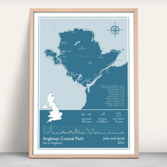 Anglesey Coastal Path National Trail Personalised Map Art Print in blue from Purest Green Prints