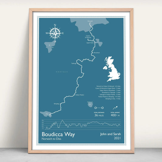 Boudicca Way Trail Personalised Map Art Print in blue from Purest Green Prints