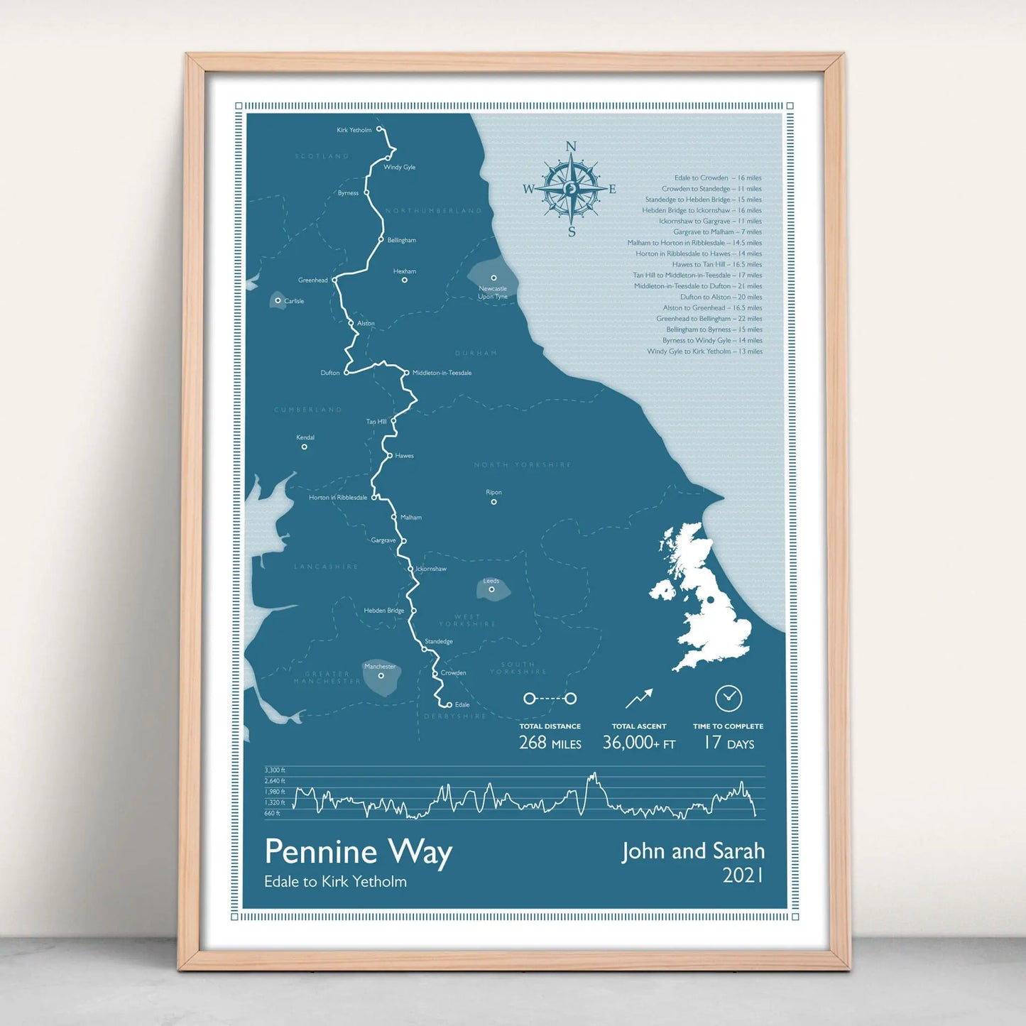 Pennine Way National Trail Personalised Map Art Print in blue from Purest Green Prints