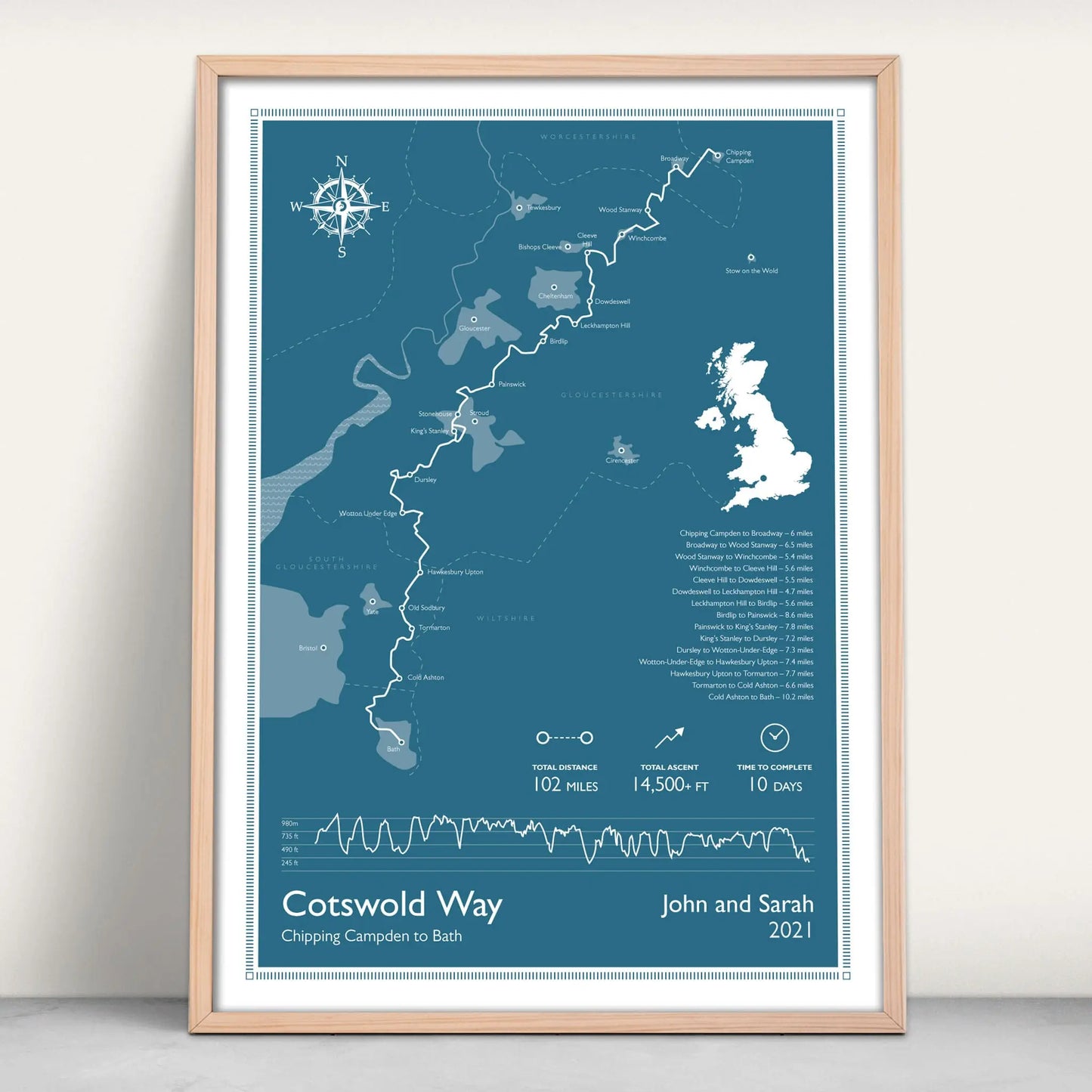 Cotswold Way National Trail Personalised Map Art Print in blue from Purest Green Prints