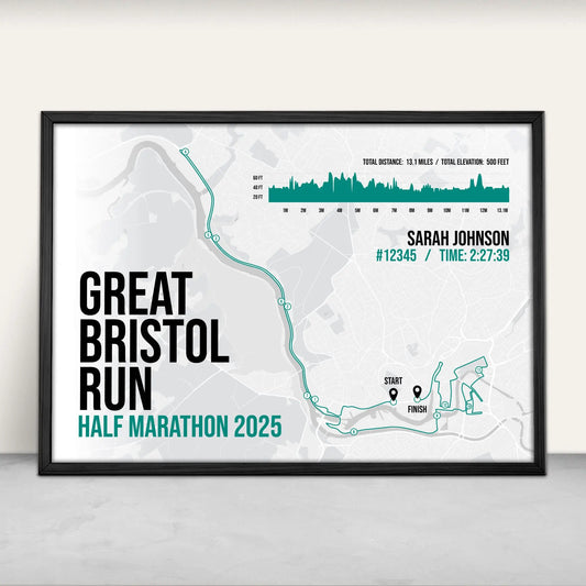 Personalised Great Bristol Run Half Marathon route map and elevation art print in green from Purest Green Prints