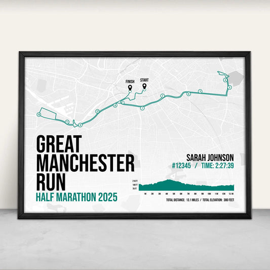 Personalised Great Manchester Run Half Marathon Art Print in green from Purest Green Prints.