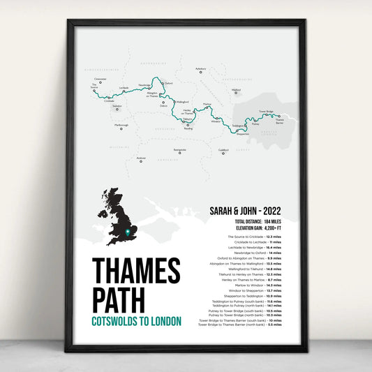 Personalised Thames Path National Trail Map Art Print in teal from Purest Green Prints