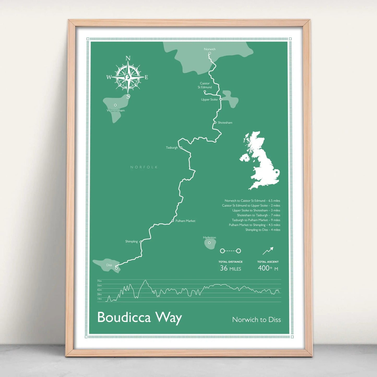 Boudicca Way Trail Personalised Map Art Print in green from Purest Green Prints