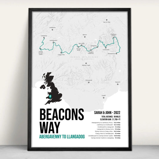 Personalised Brecons Way Trail Map Art Print in teal from Purest Green Prints