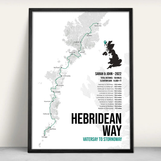 Personalised print of the Hebredian Way Scottish Trail Map Art Print in teal from Purest Green Prints.