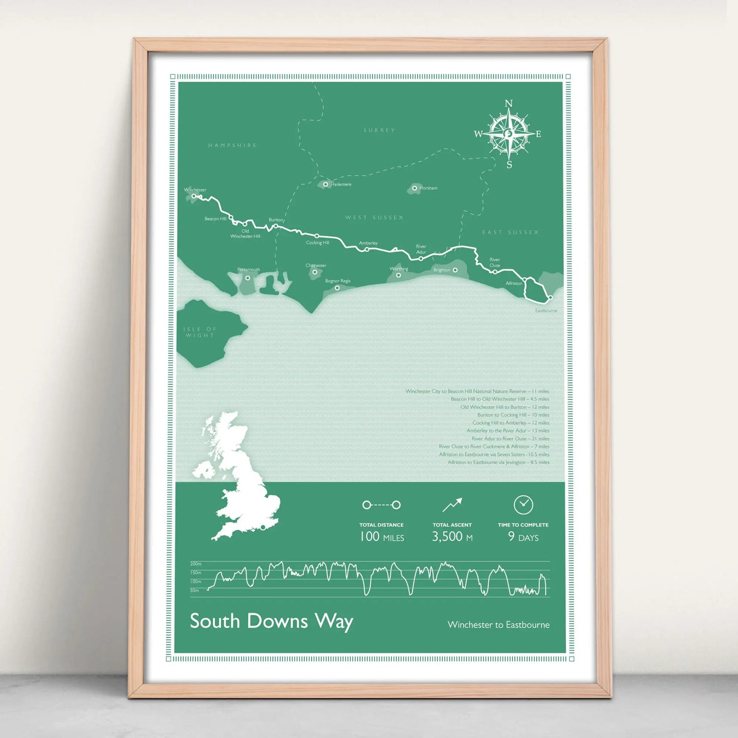 South Downs Way National Trail Map Personalised Art Print in green from Purest Green Prints