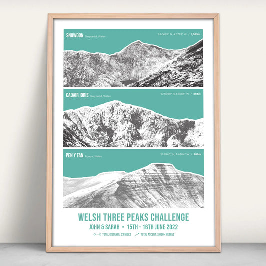 Welsh Three Peaks Challenge Personalised Art Print in green from Purest Green Prints