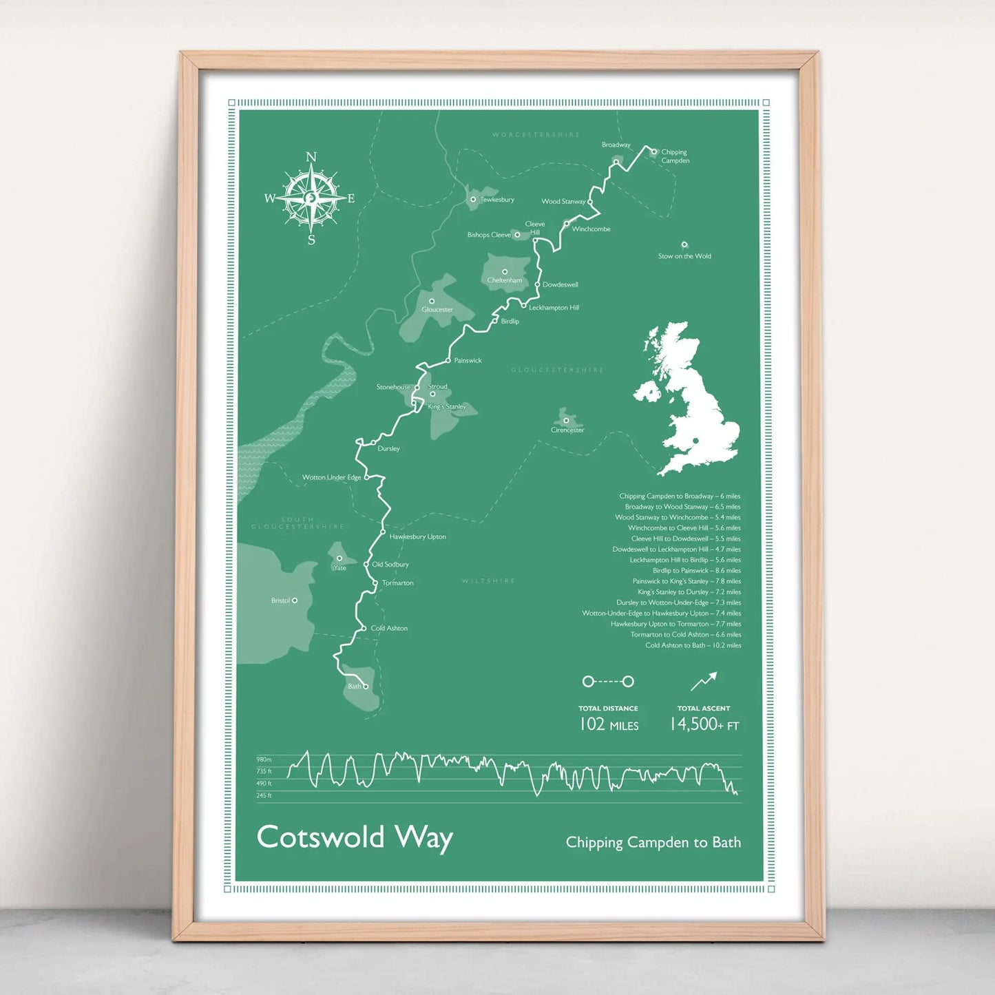 Cotswold Way National Trail Personalised Map Art Print in green from Purest Green Prints