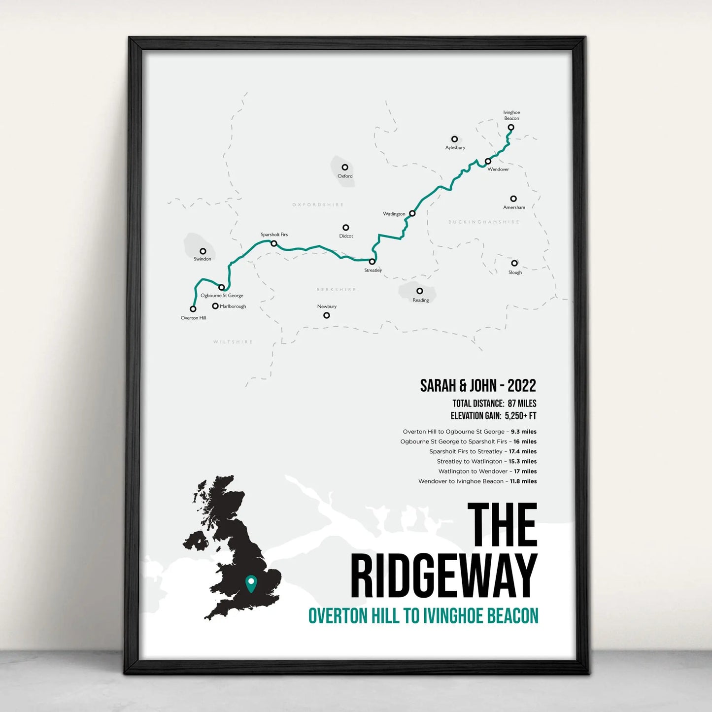 Ridgeway National Trail Path Map Art Print in teal from Purest Green Prints