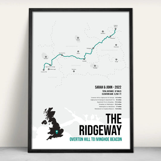 Ridgeway National Trail Path Map Art Print in teal from Purest Green Prints