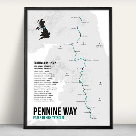 Pennine Way National Trail Map Art Print in teal from Purest Green Prints