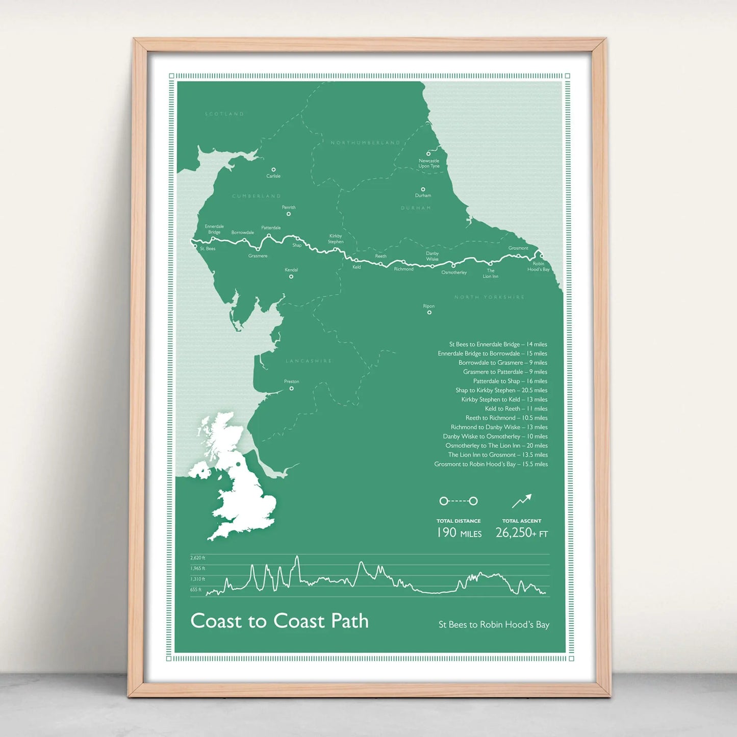 Coast to Coast Path National Trail Personalised Map Art Print in green from Purest Green Prints