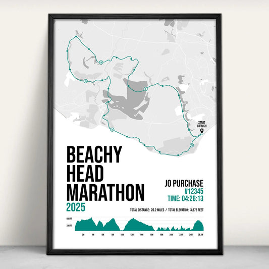 Personalised Beachy Head Marathon route map print in green from Purest Green Prints.