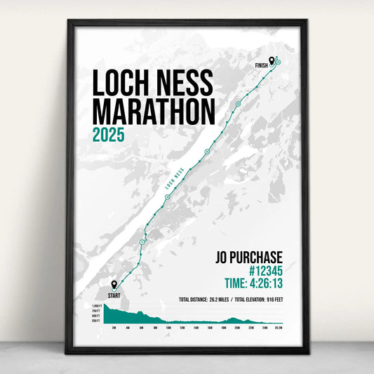 Personalised Loch Ness Marathon route map print in green from Purest Green Prints.