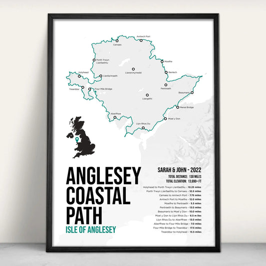 Personalised print of the Anglesey Coastal Path Map Art Print in teal from Purest Green Prints.
