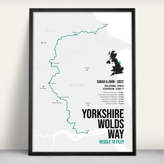 Yorkshire Wolds Way National Trail Map Art Print in teal from Purest Green Prints.