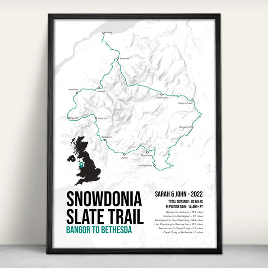 Personalised Snowdoinia Slate Trail Map Art Print in teal from Purest Green Prints