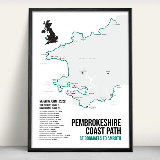 Pembrokeshire Coast Path National Trail Map Art Print in teal from Purest Green Prints.