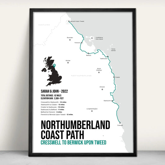 Northumberland Coast Path Map Art Print in teal from Purest Green Prints