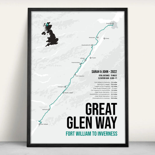 Great Glen Way Scottish Trail Map Art Print in teal from Purest Green Prints.