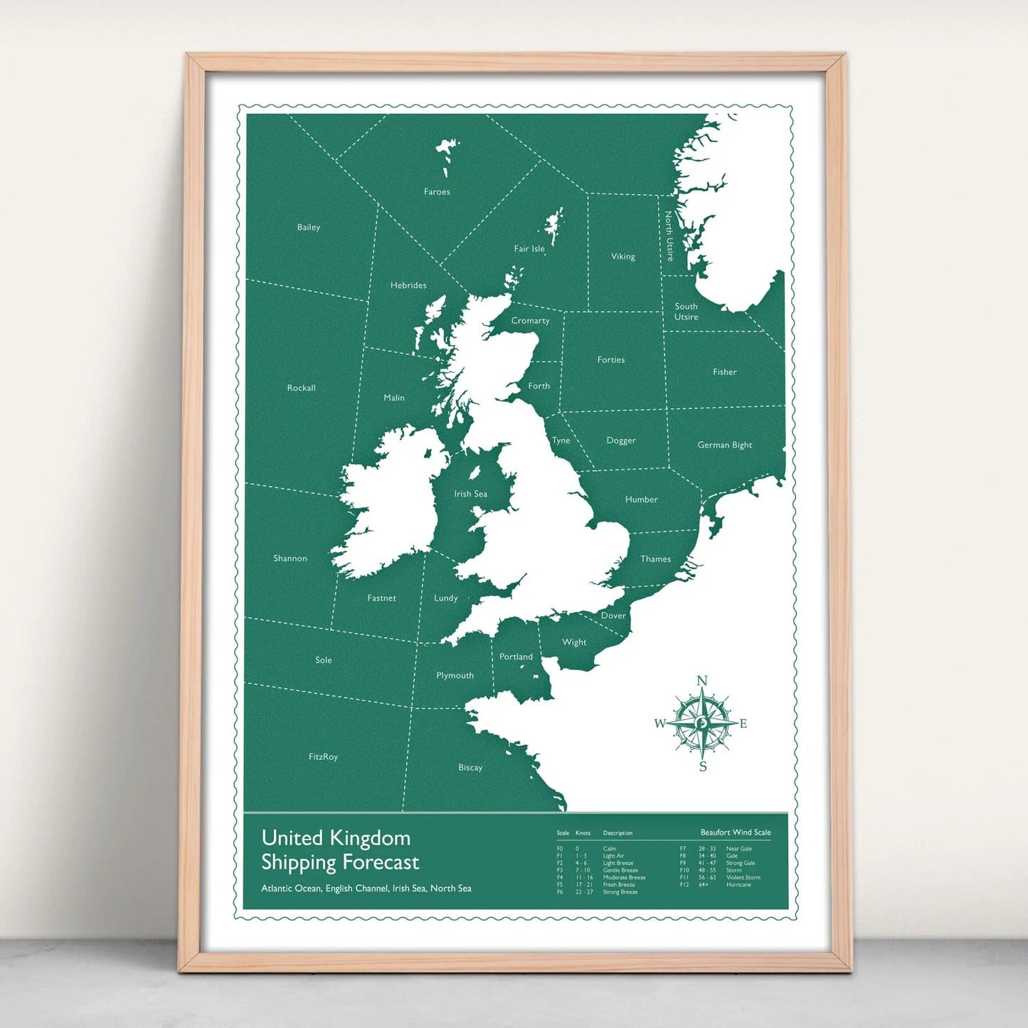 United Kingdom Shipping Forecast Map Art Print in green from Purest Green Prints