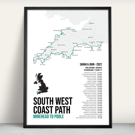 South West Coast Path National Trail Map Art Print in teal from Purest Green Prints