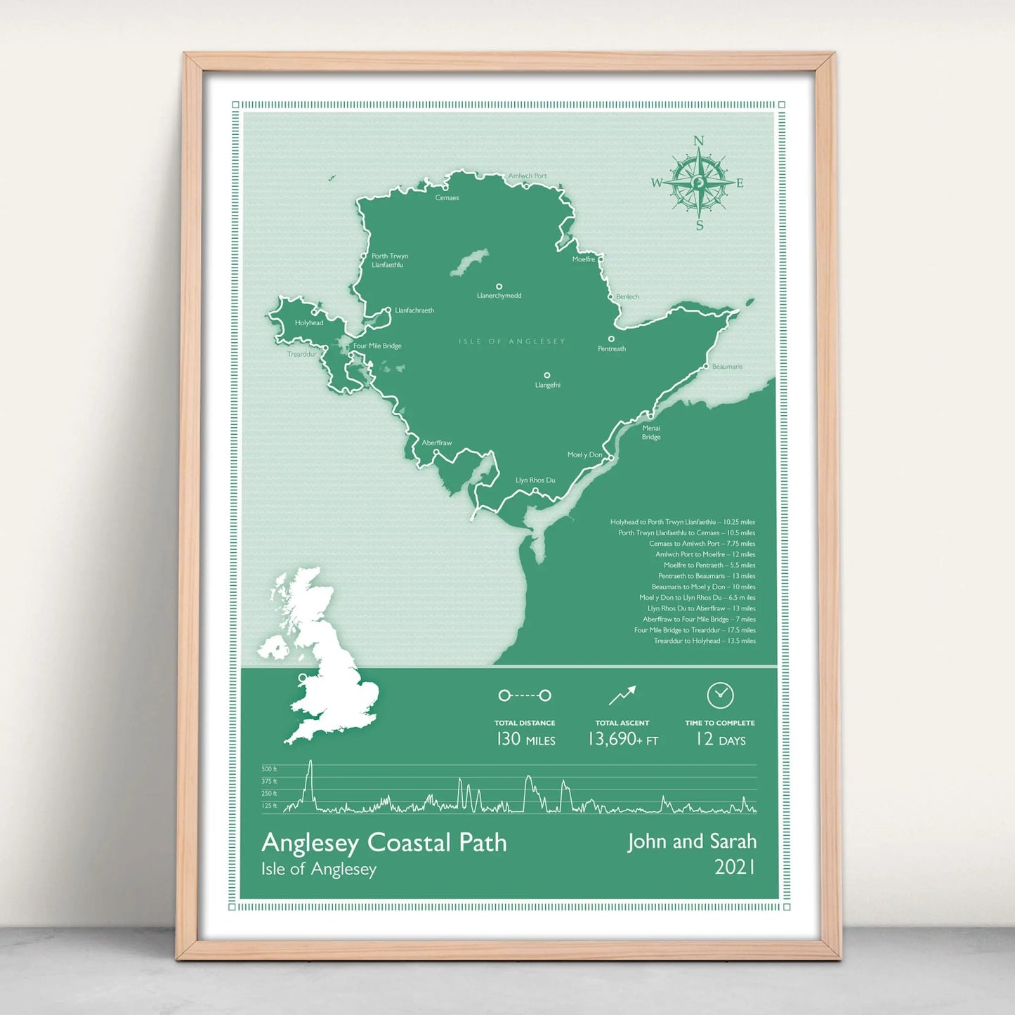 Anglesey Coastal Path National Trail Personalised Map Art Print in green from Purest Green Prints
