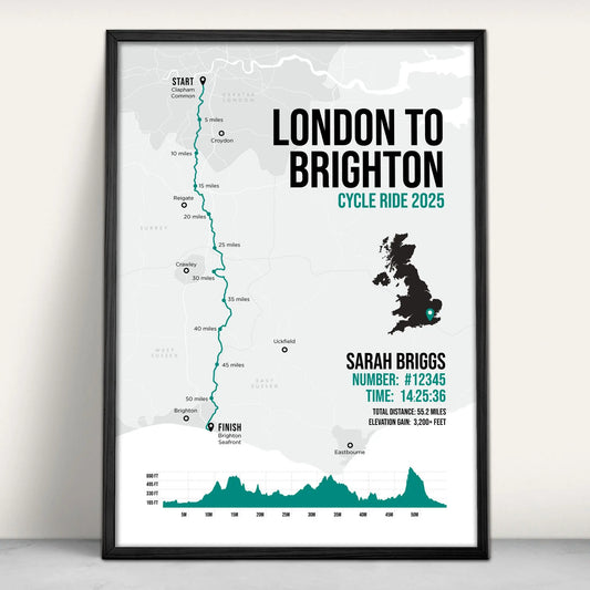 Personalised London to Brighton Cycle Art Print in green from Purest Green Prints