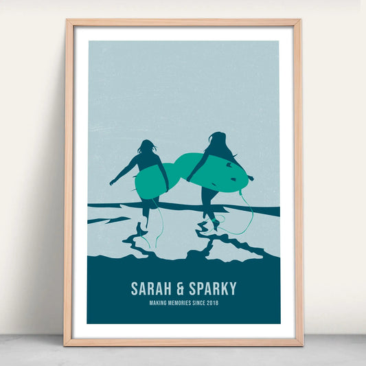 Personalised Surfing Friends Art Print