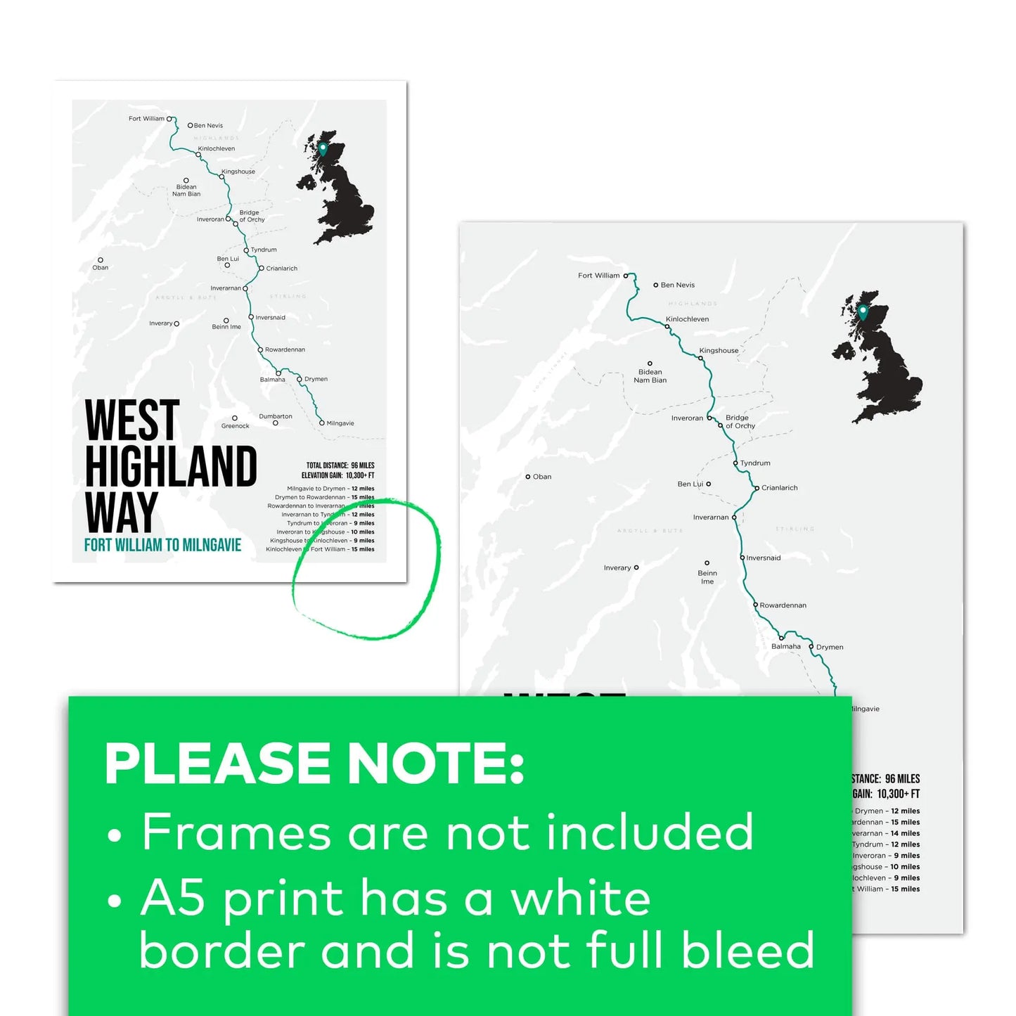 The A5 prints have a slightly different border and are not full bleed.