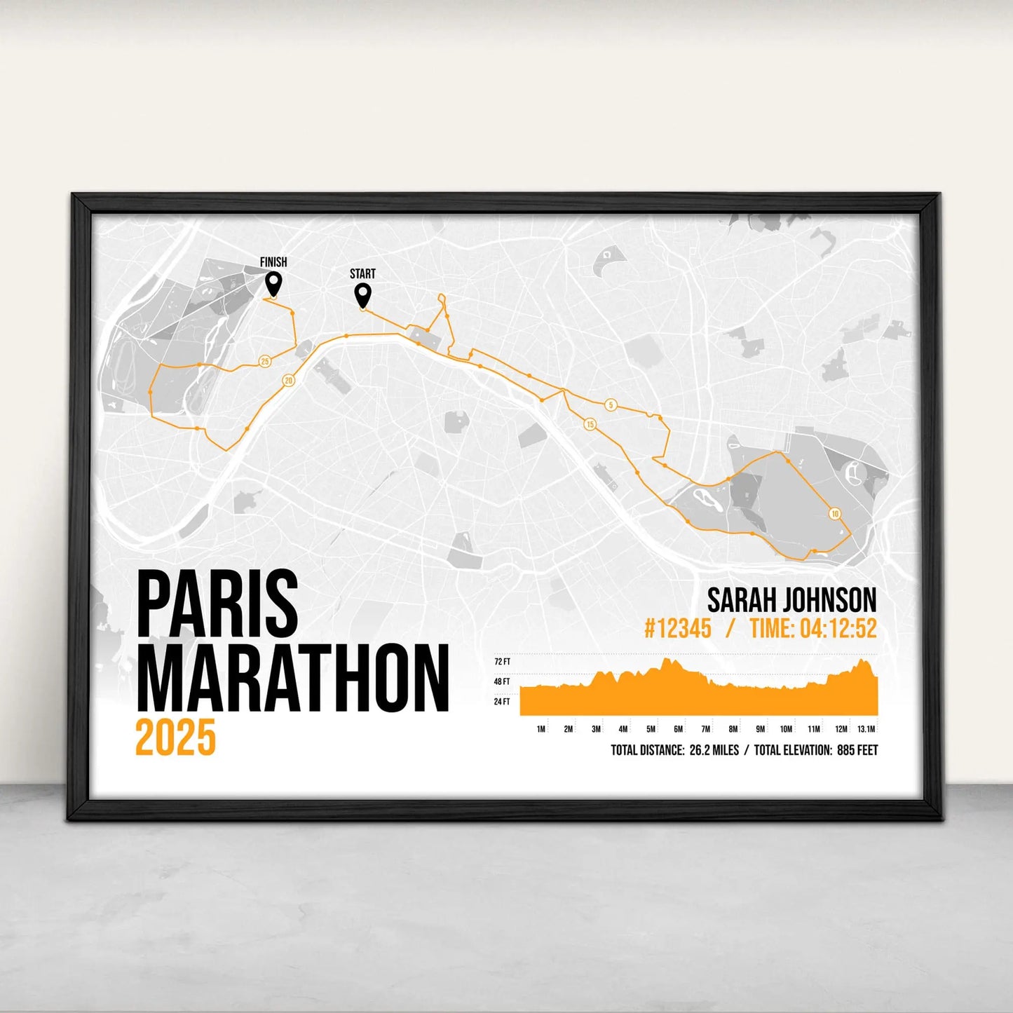 Personalised Paris Marathon route map print in orange from Purest Green Prints