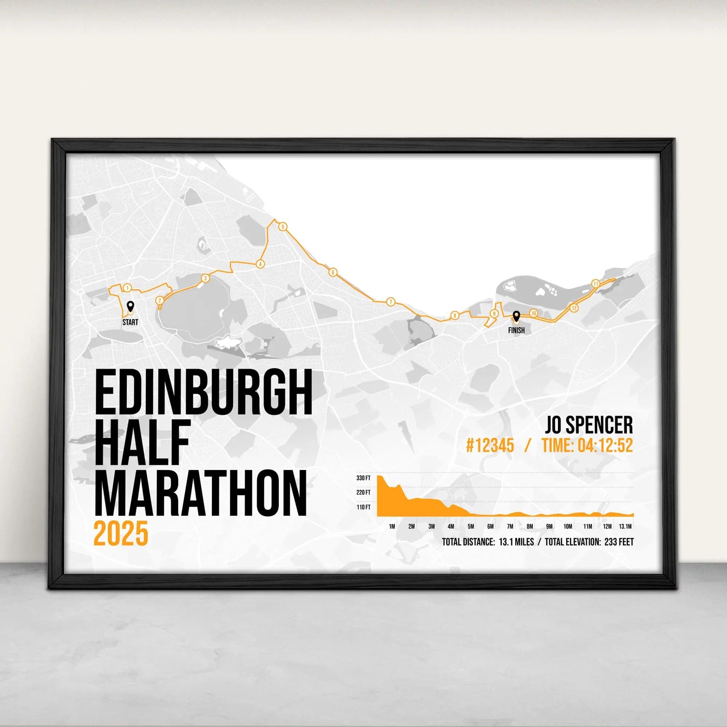 Personalised Edinburgh Half Marathon route map print in orange from Purest Green Prints