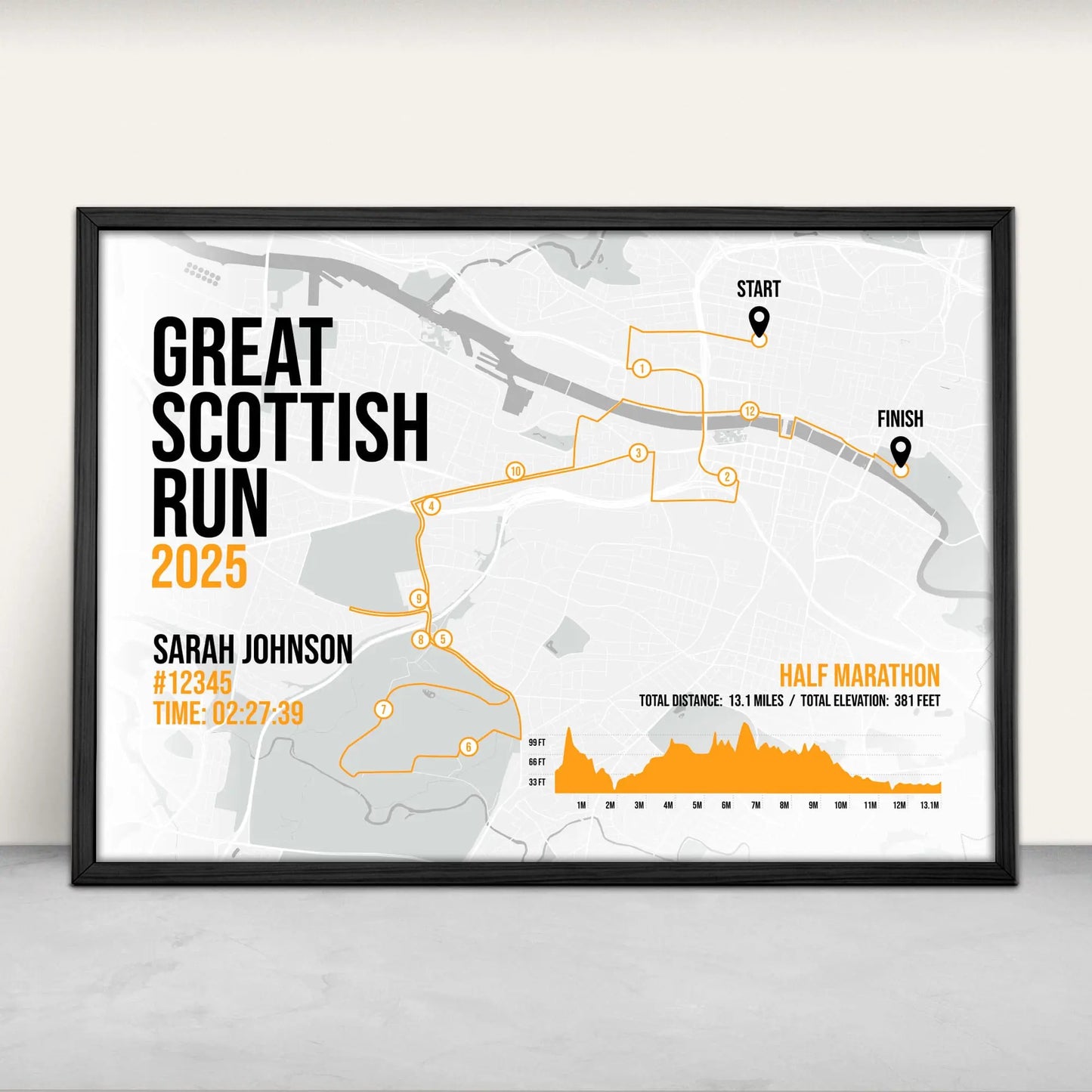 Personalised Great Scottish Run Half Marathon route map print in orange from Purest Green Prints