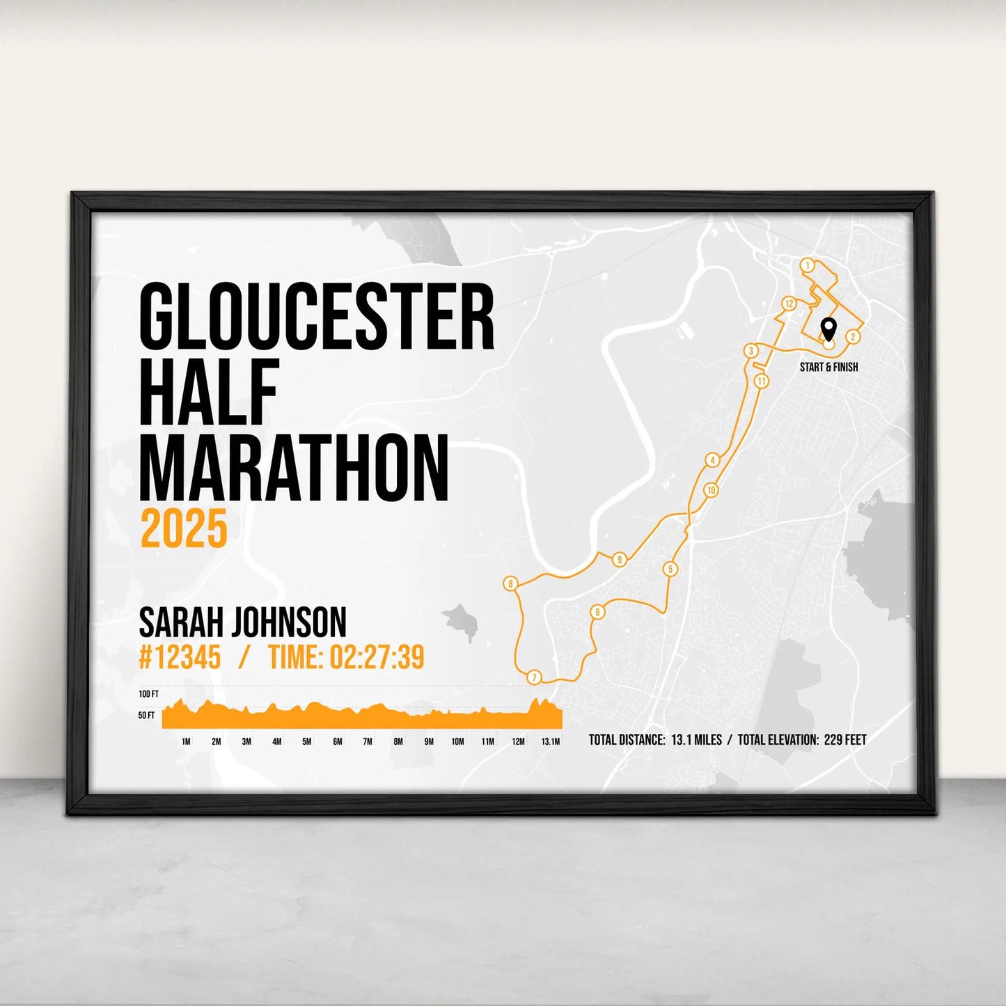 Personalised Gloucester Half Marathon Print in orange from Purest Green Prints
