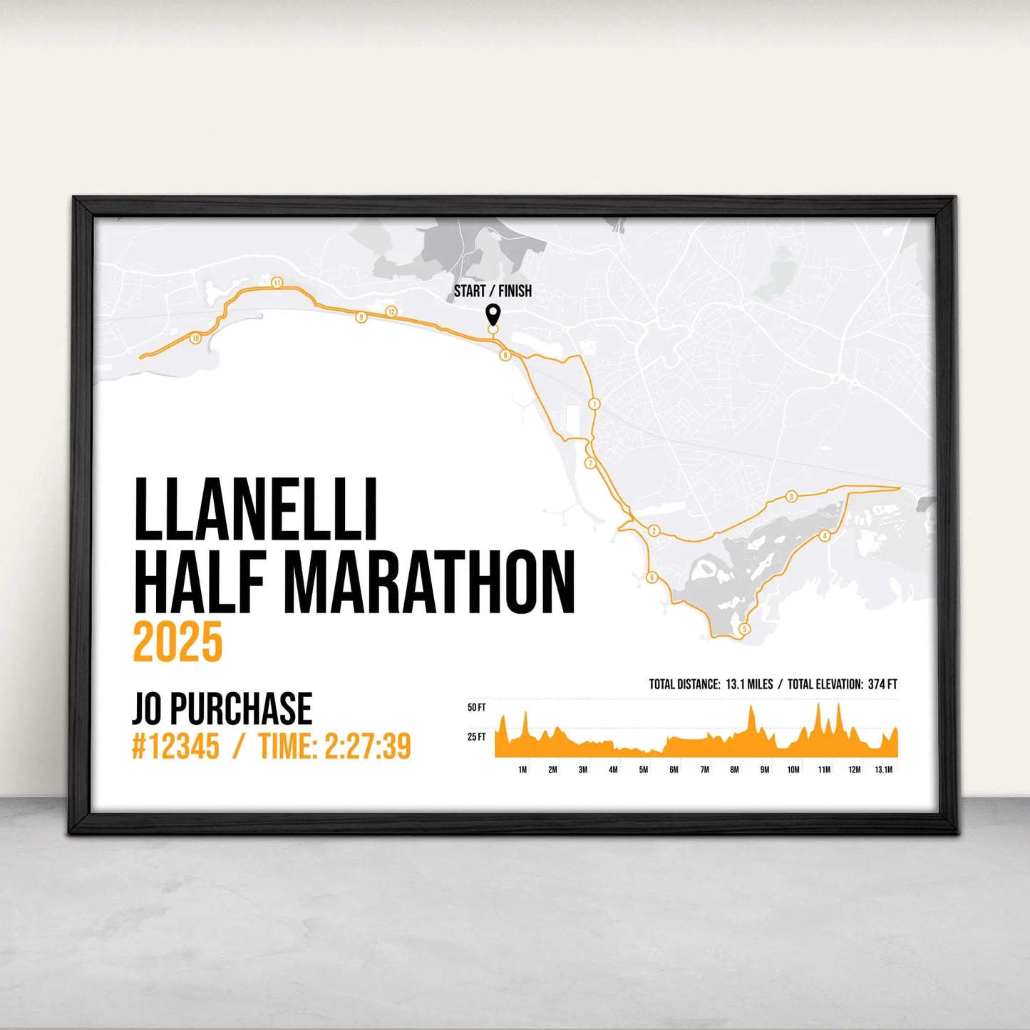 Llanelli Half Marathon Personalised Art Print in orange from Purest Green Prints.