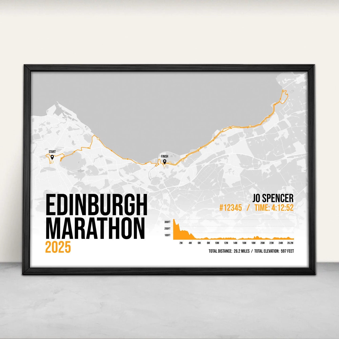 Personalised Edinburgh Marathon route map print in orange from Purest Green Prints