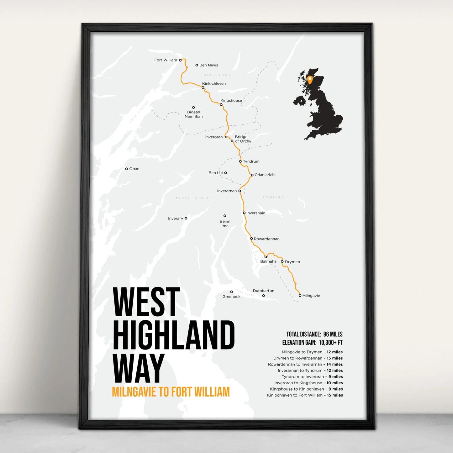 West Highland Way Scottish Trail Map Art Print in orange from Purest Green Prints.
