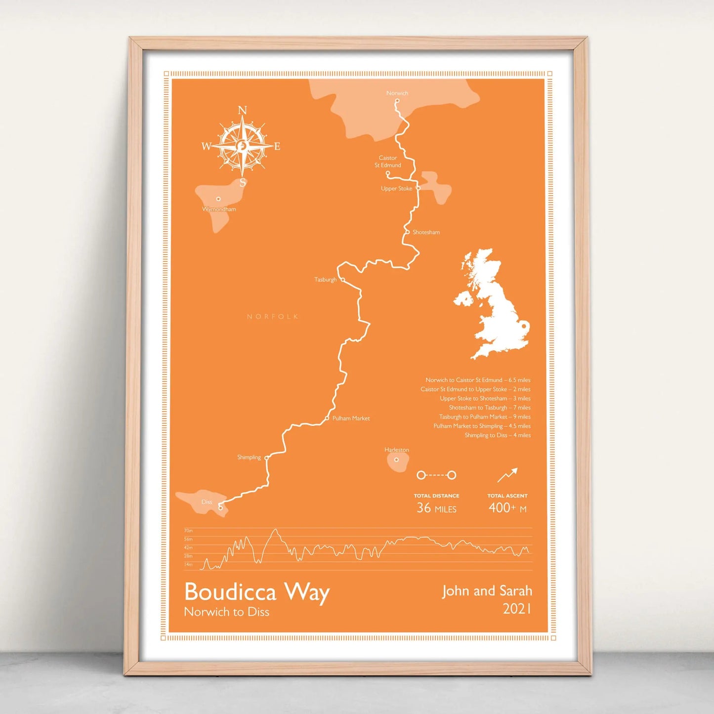 Boudicca Way Trail Personalised Map Art Print in orange from Purest Green Prints