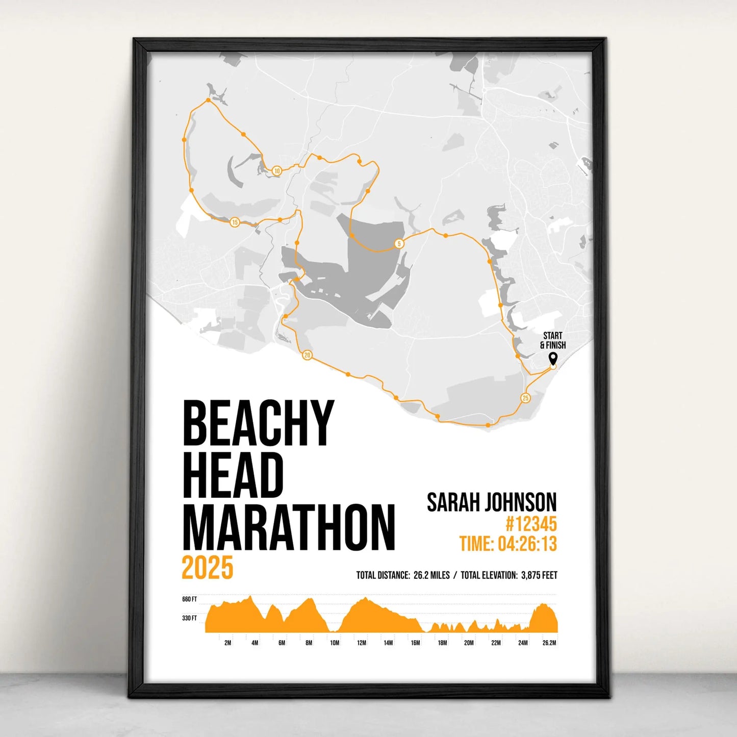 Personalised Beachy Head Marathon route map print in orange from Purest Green Prints.
