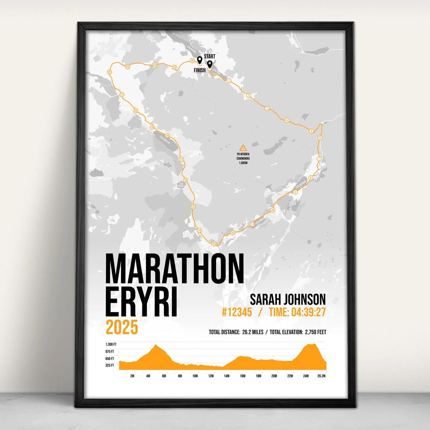 Personalised marathon Eryri Snowdonia Art Print in orange from Purest Green Prints