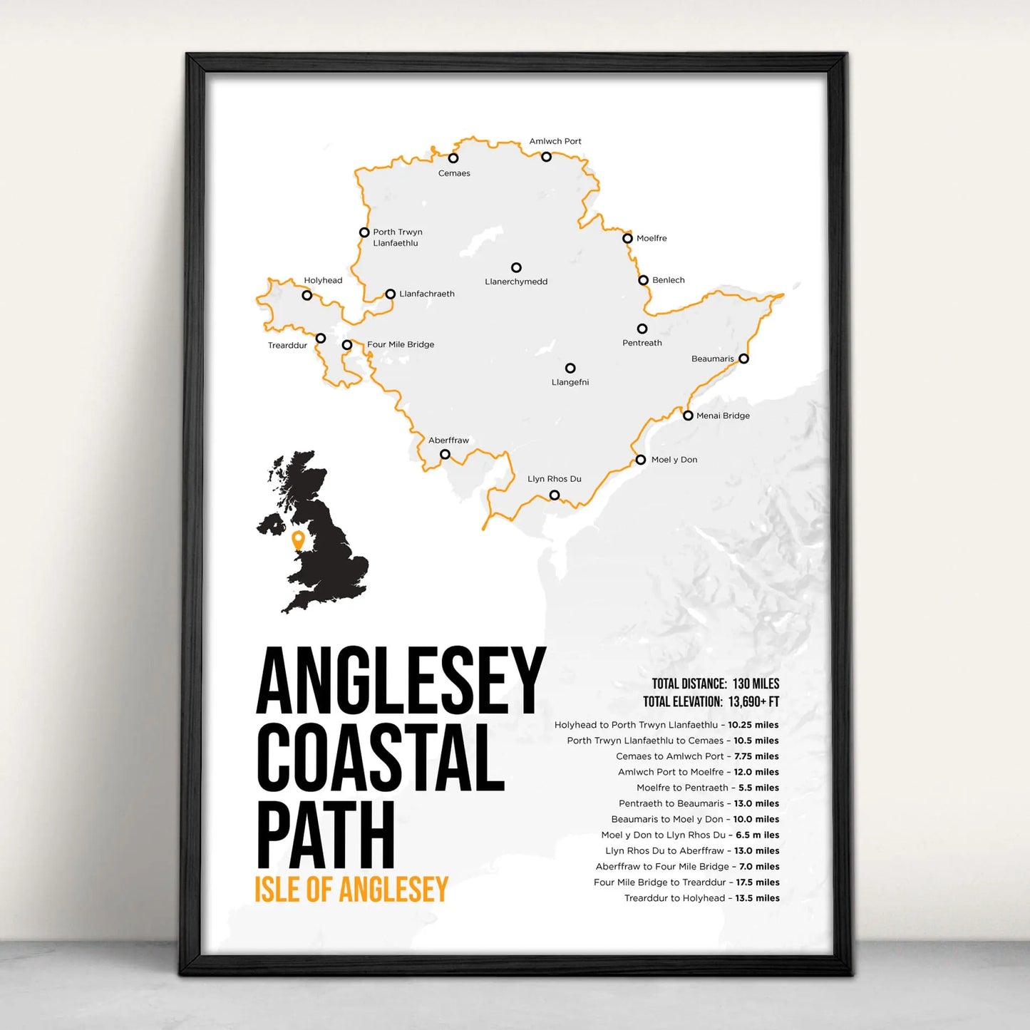 Print of the Anglesey Coastal Path Map Art Print in orange from Purest Green Prints.
