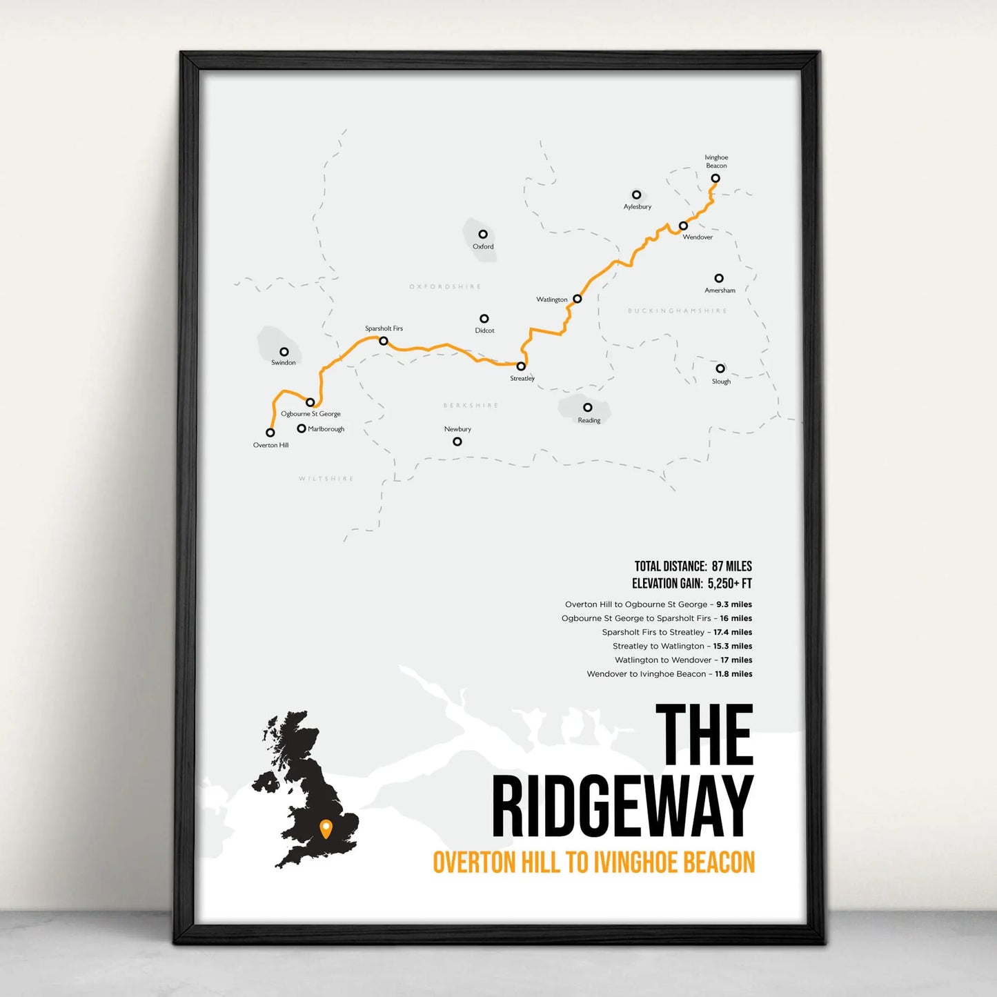Ridgeway National Trail Path Map Art Print in orange from Purest Green Prints