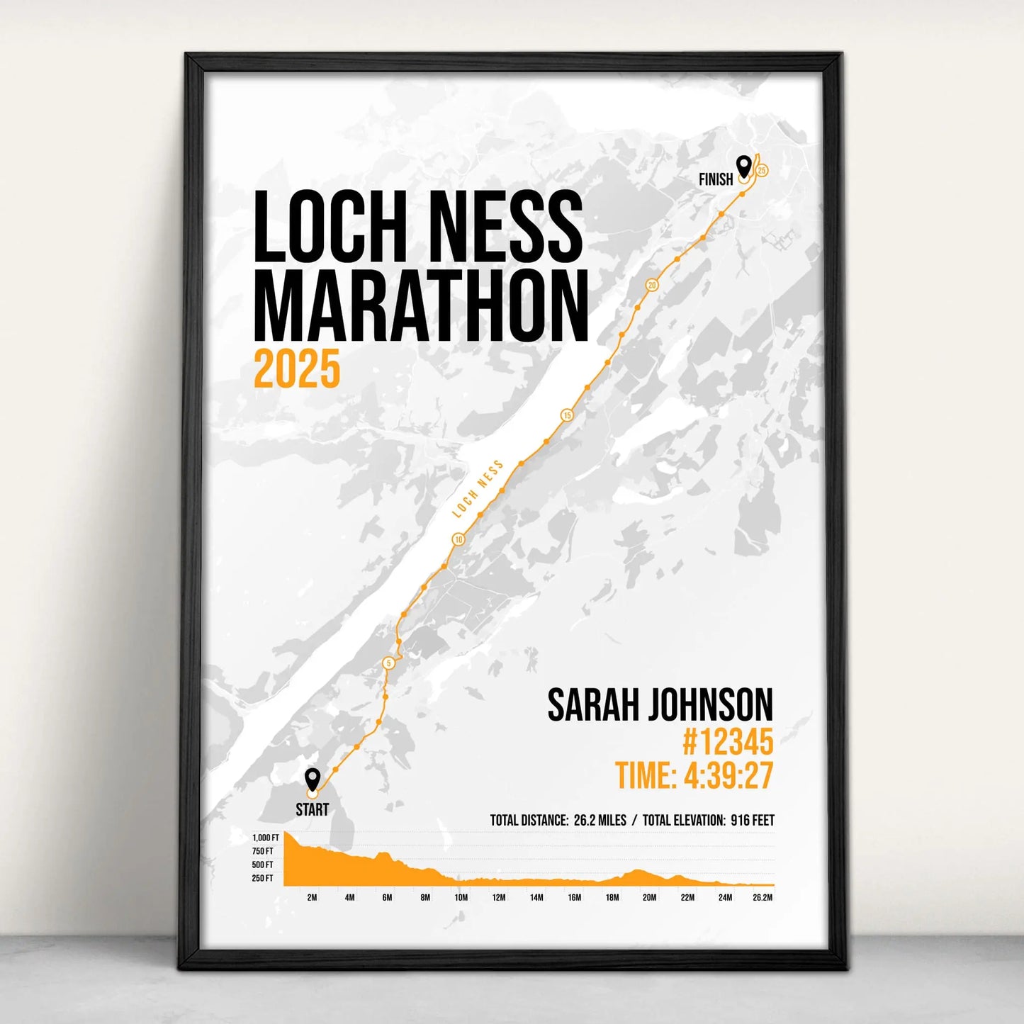 Personalised Loch Ness Marathon route map print in orange from Purest Green Prints.