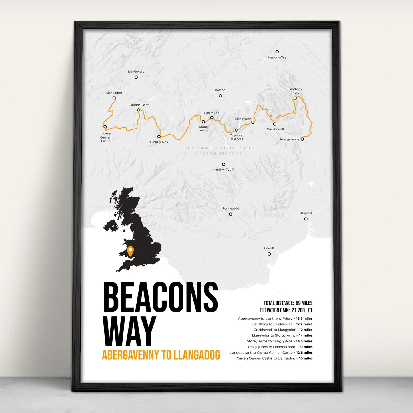 Personalised Brecons Way Trail Map Art Print in orange from Purest Green Prints