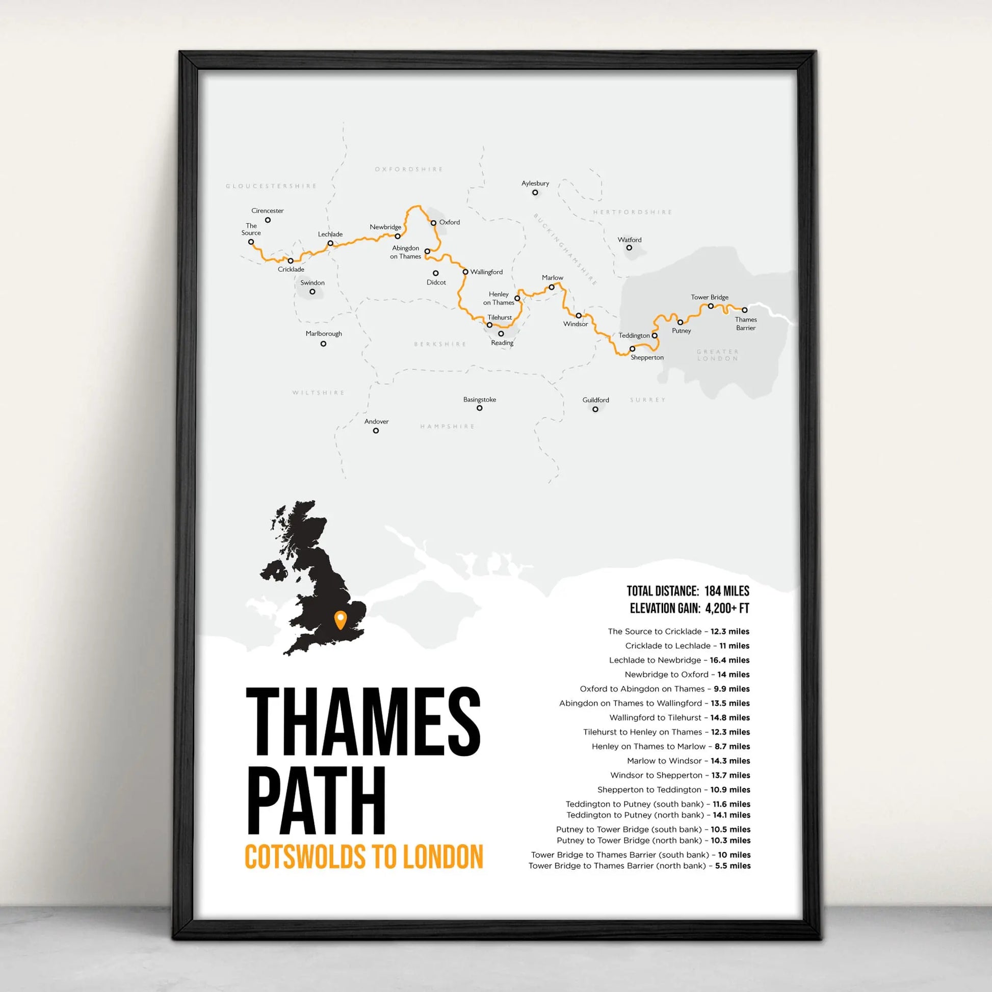 Personalised Thames Path National Trail Map Art Print in teal from Purest Green Prints